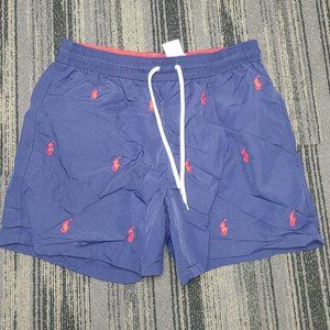 Used Polo All-Over Horse Logo Netted Pool Shorts Navy Blue/Red Size L